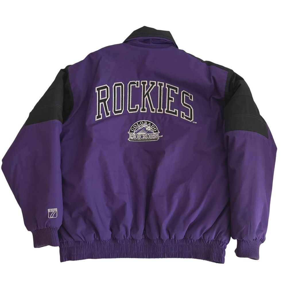 Vtg Colorado Rockies Windbreaker Logo 7 Puffer Jacket Purple Black Men's L 90s